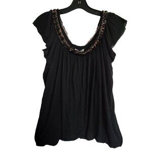 NEW Bordeaux Jewel Beaded Embroidered Scoop Boat Neck Flutter Sleeve Blouse Sm